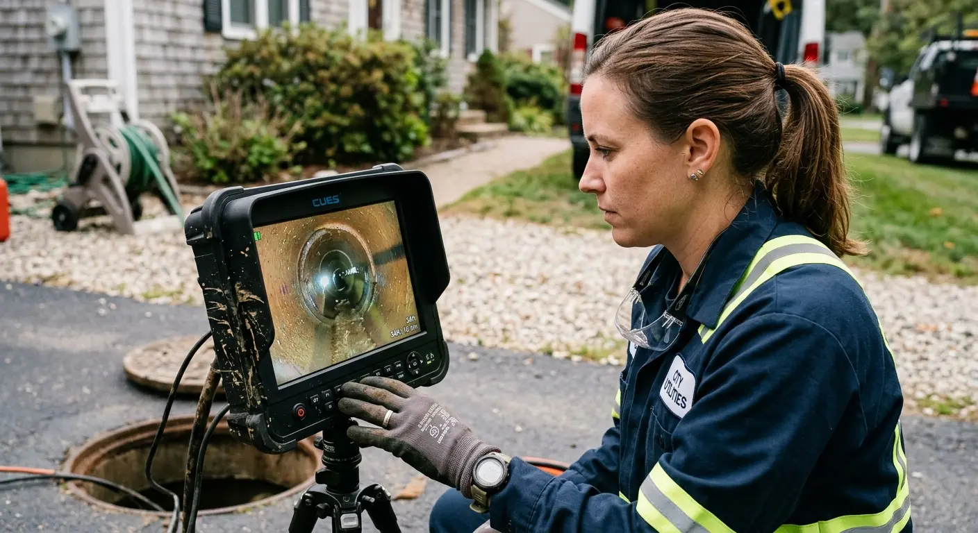 Technician reviewing sewer camera inspection footage in Kirksville