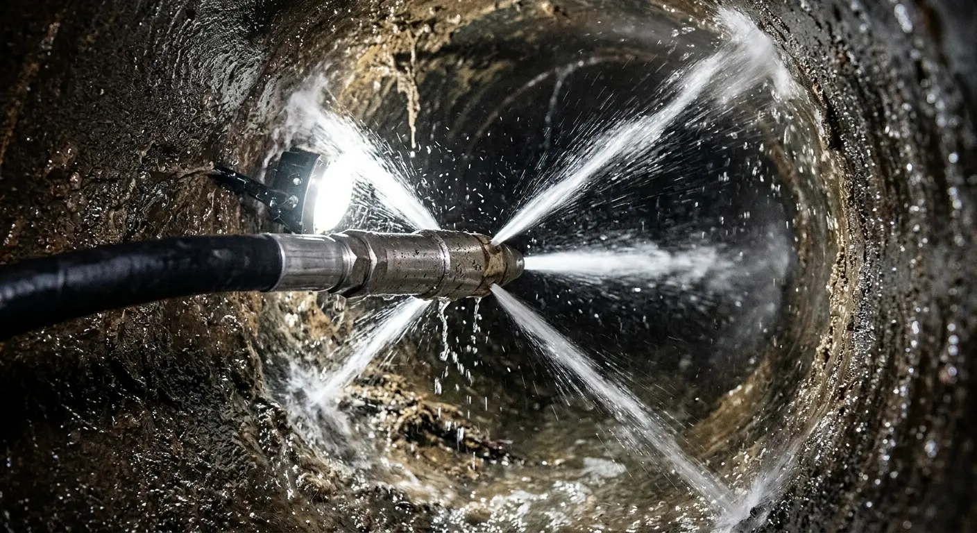 High-pressure hydro jetting nozzle cleaning sewer pipe for Emergency Drain Service in Kirksville