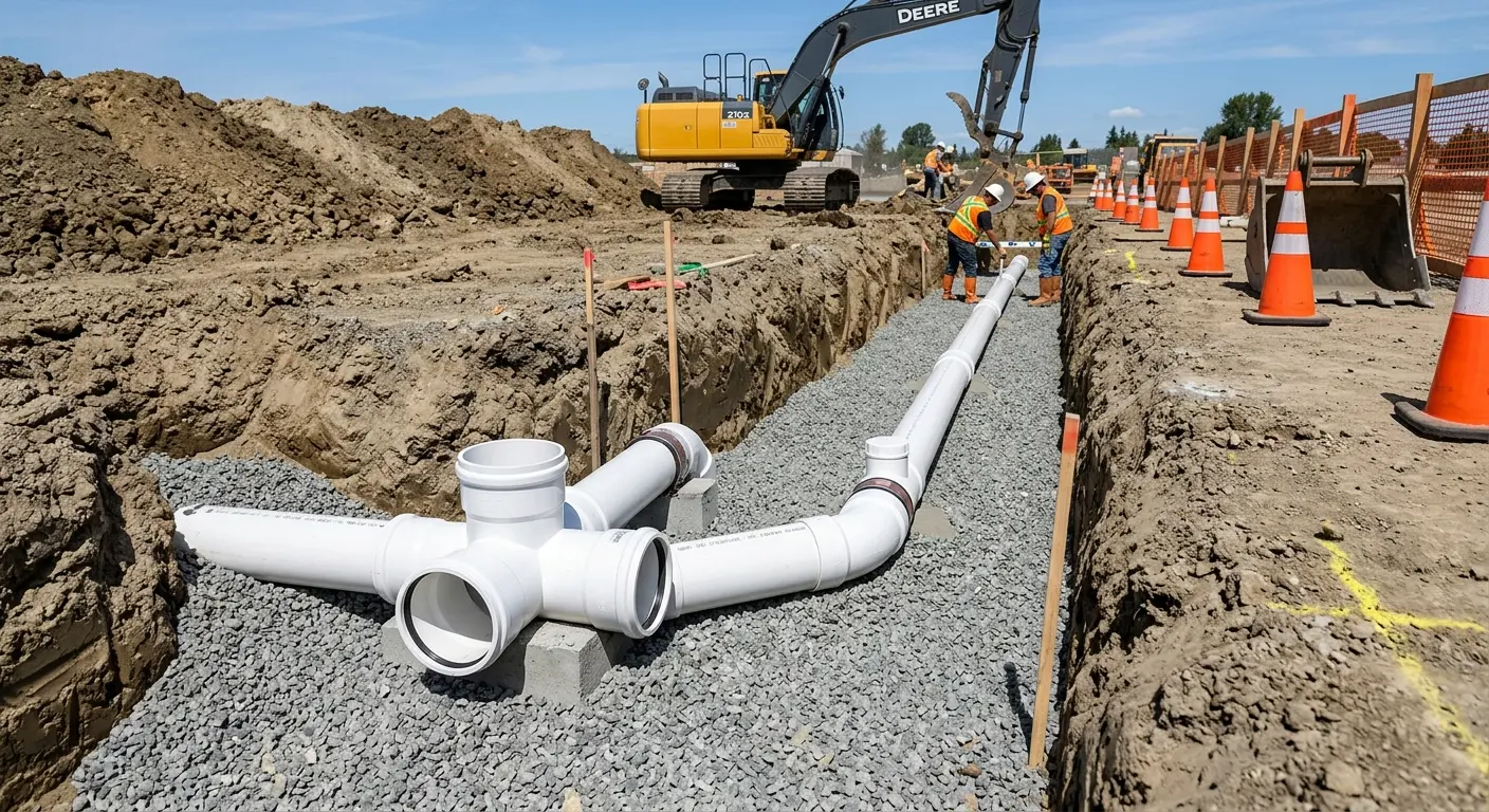 New PVC sewer pipe installation in open trench for Sewer Backup in Kirksville