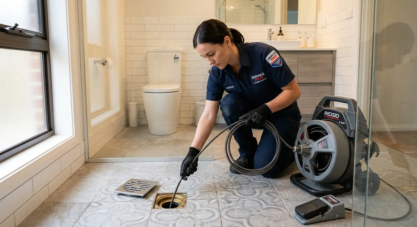 Technician clearing a bathroom floor drain for Drain Repair in Kirksville